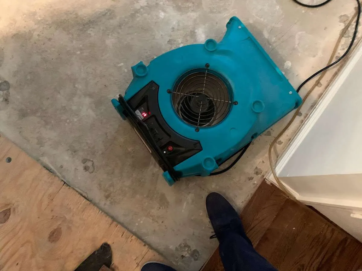 Air mover drying subfloor during Leak Detection & Repair in Norton